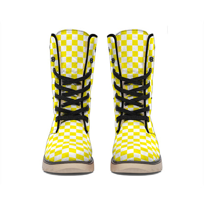 Yellow And White Checkered Pattern Print Winter Boots