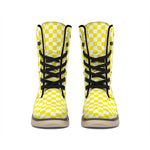 Yellow And White Checkered Pattern Print Winter Boots