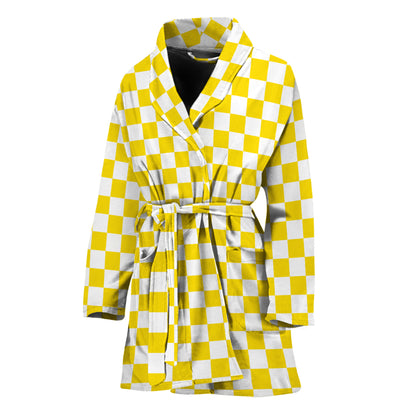 Yellow And White Checkered Pattern Print Women's Bathrobe