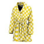 Yellow And White Checkered Pattern Print Women's Bathrobe