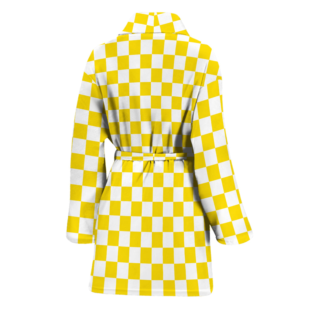 Yellow And White Checkered Pattern Print Women's Bathrobe