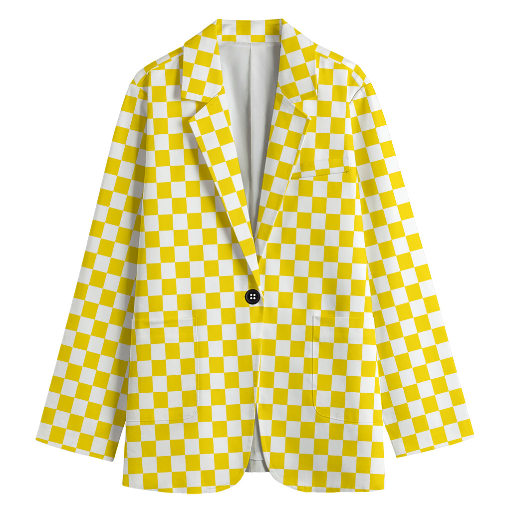 Yellow And White Checkered Pattern Print Women's Blazer