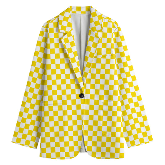 Yellow And White Checkered Pattern Print Women's Blazer