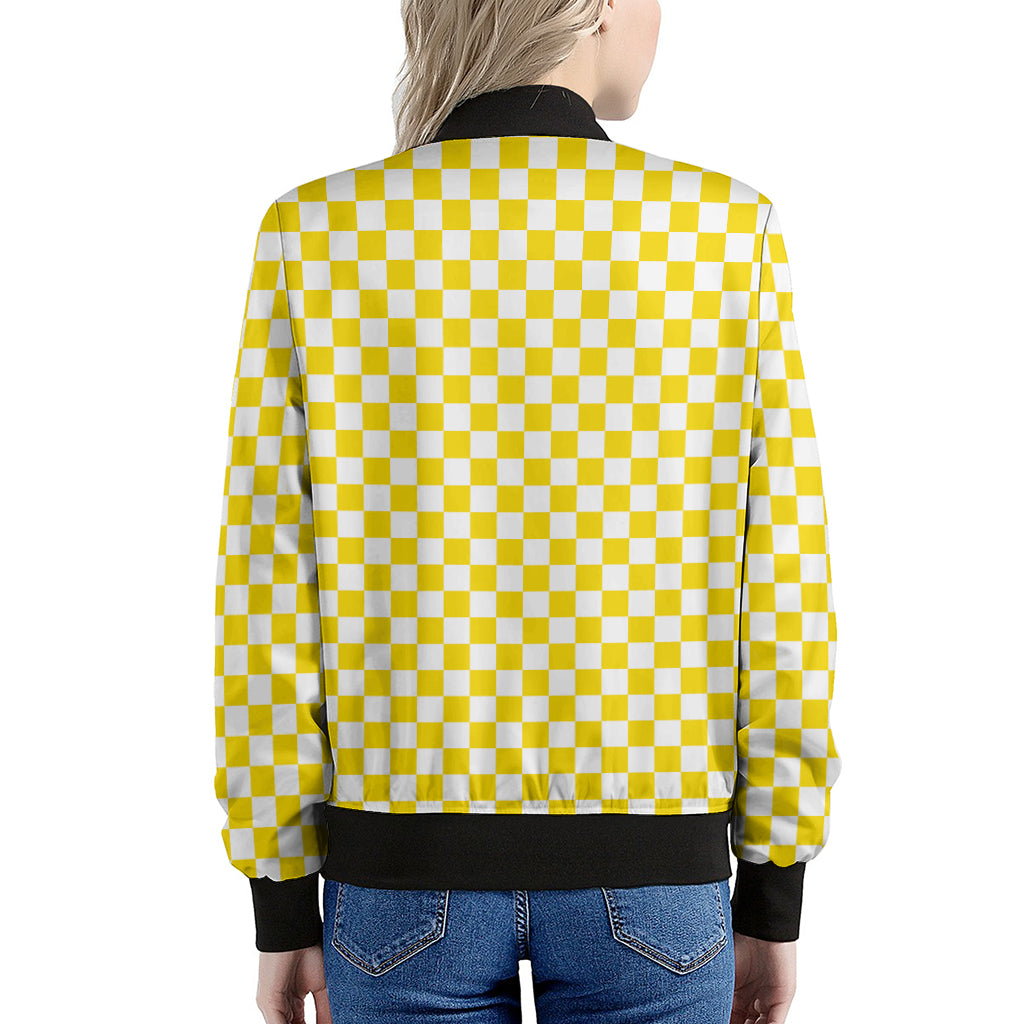Yellow And White Checkered Pattern Print Women's Bomber Jacket