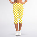Yellow And White Checkered Pattern Print Women's Capri Leggings