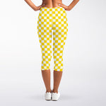 Yellow And White Checkered Pattern Print Women's Capri Leggings