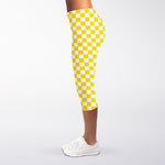 Yellow And White Checkered Pattern Print Women's Capri Leggings