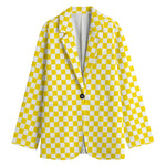 Yellow And White Checkered Pattern Print Women's Cotton Blazer