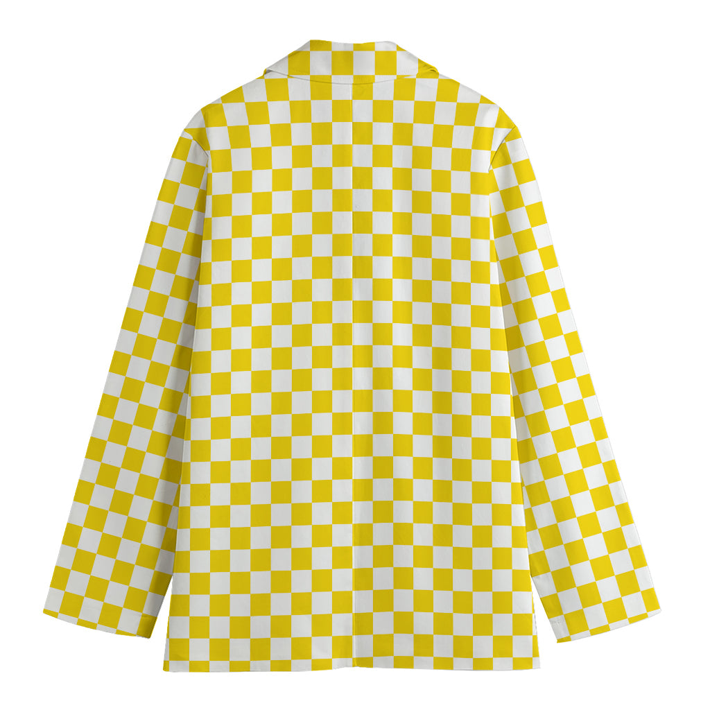 Yellow And White Checkered Pattern Print Women's Cotton Blazer