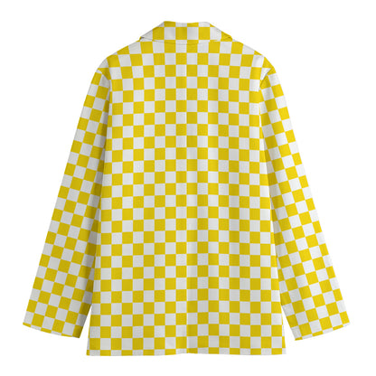 Yellow And White Checkered Pattern Print Women's Cotton Blazer