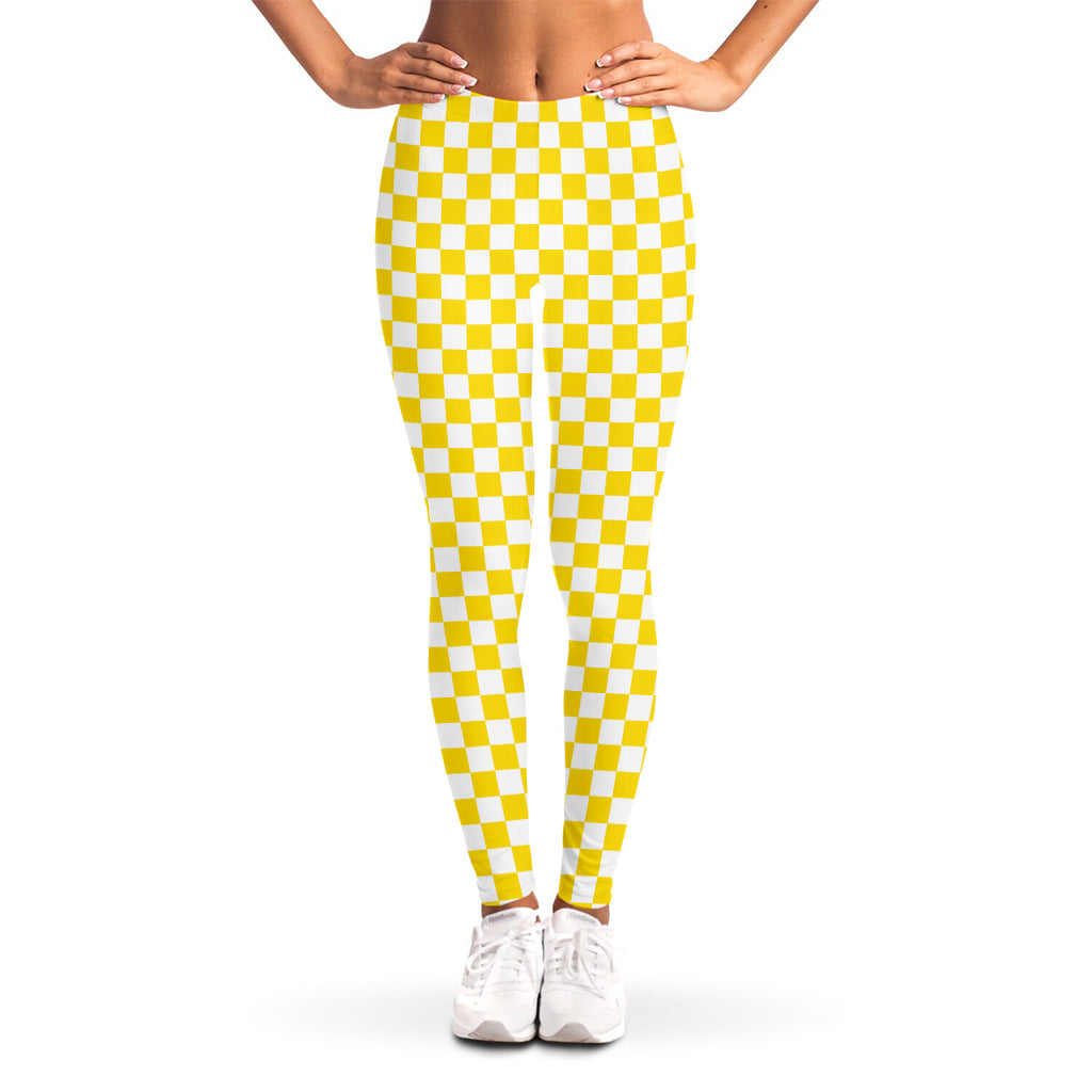 Yellow And White Checkered Pattern Print Women's Leggings