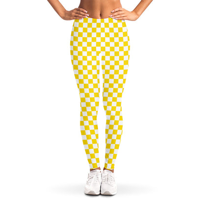 Yellow And White Checkered Pattern Print Women's Leggings