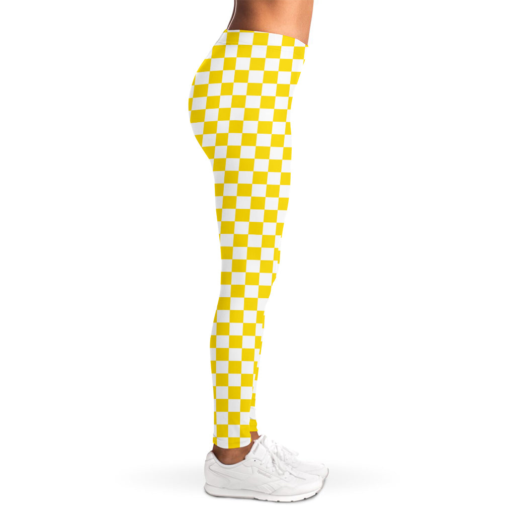 Yellow And White Checkered Pattern Print Women's Leggings