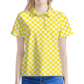 Yellow And White Checkered Pattern Print Women's Polo Shirt