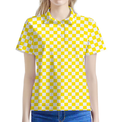 Yellow And White Checkered Pattern Print Women's Polo Shirt