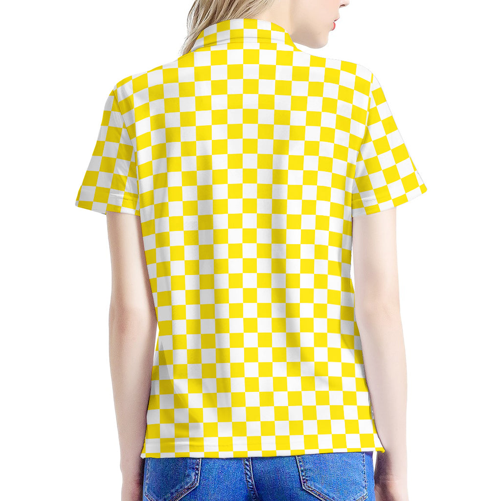 Yellow And White Checkered Pattern Print Women's Polo Shirt