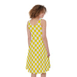 Yellow And White Checkered Pattern Print Women's Sleeveless Dress