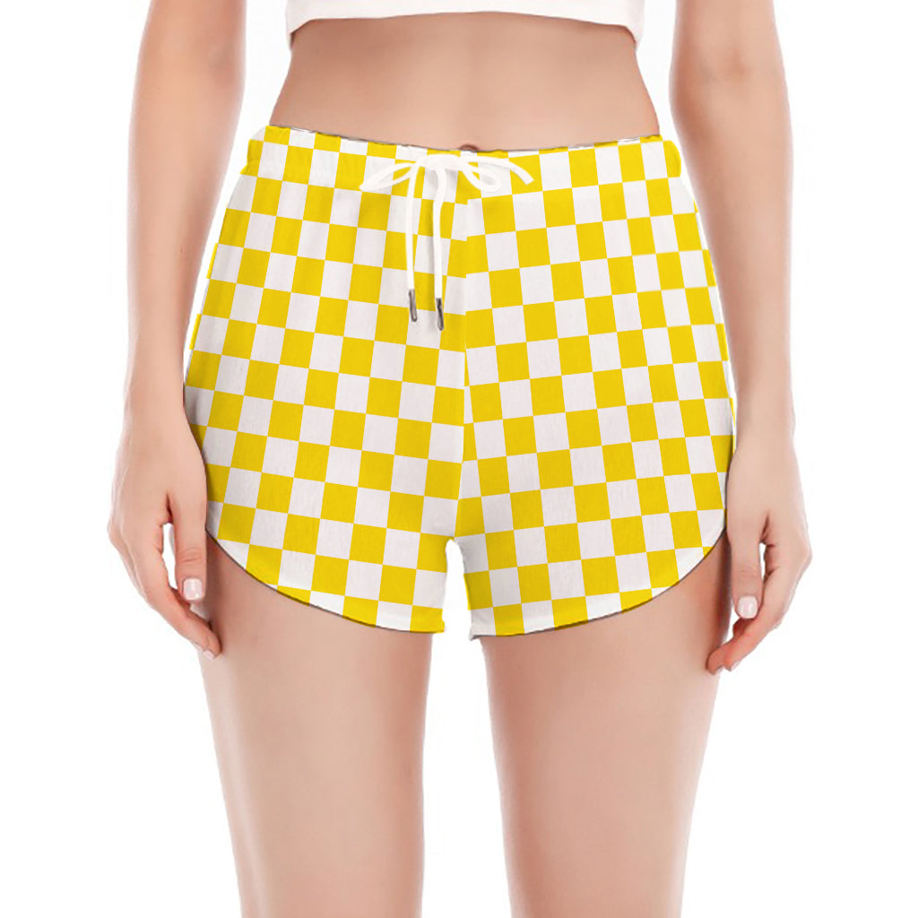 Yellow And White Checkered Pattern Print Women's Split Running Shorts