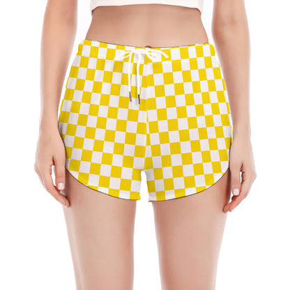 Yellow And White Checkered Pattern Print Women's Split Running Shorts