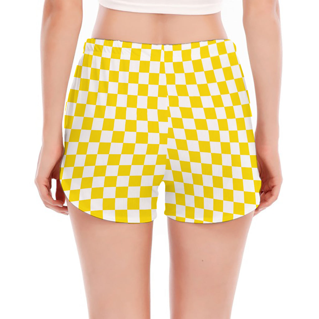 Yellow And White Checkered Pattern Print Women's Split Running Shorts