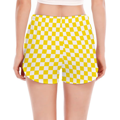 Yellow And White Checkered Pattern Print Women's Split Running Shorts