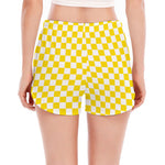 Yellow And White Checkered Pattern Print Women's Split Running Shorts