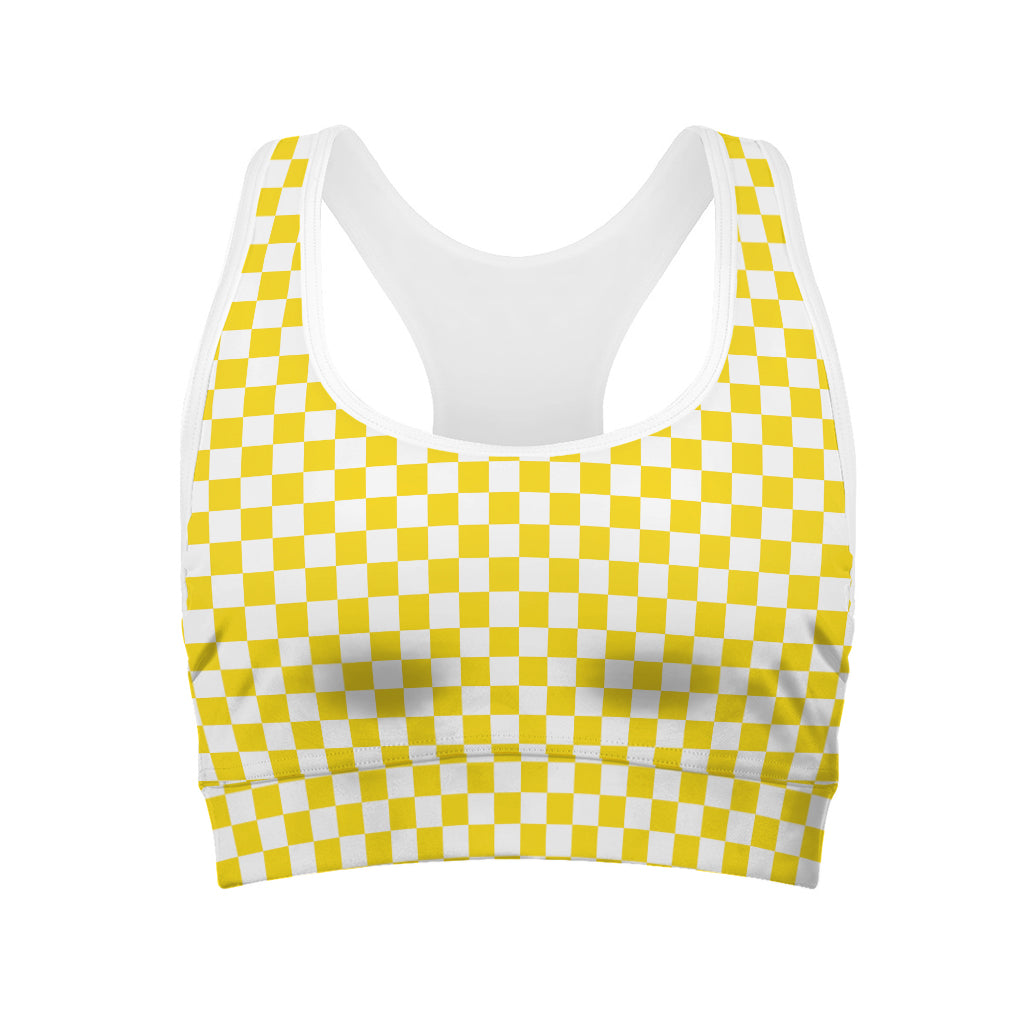 Yellow And White Checkered Pattern Print Women's Sports Bra