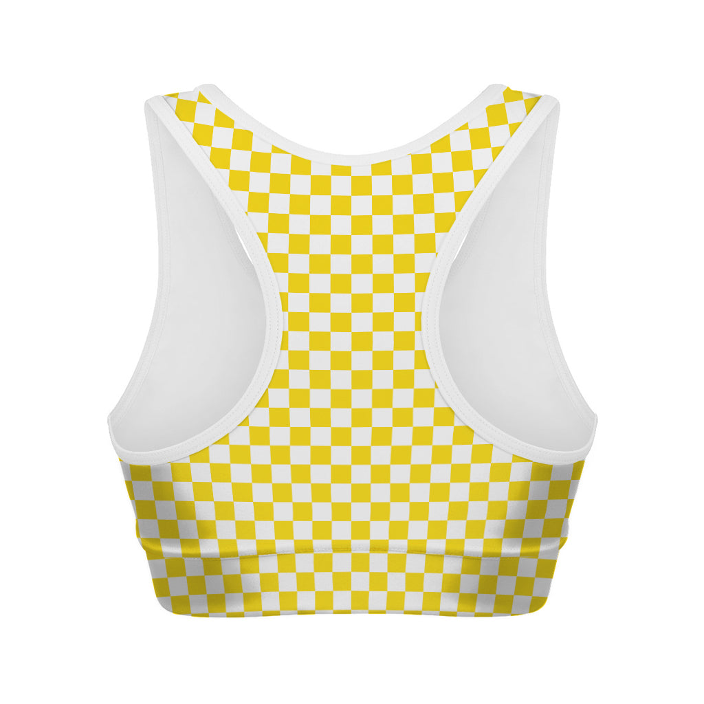 Yellow And White Checkered Pattern Print Women's Sports Bra