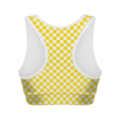 Yellow And White Checkered Pattern Print Women's Sports Bra