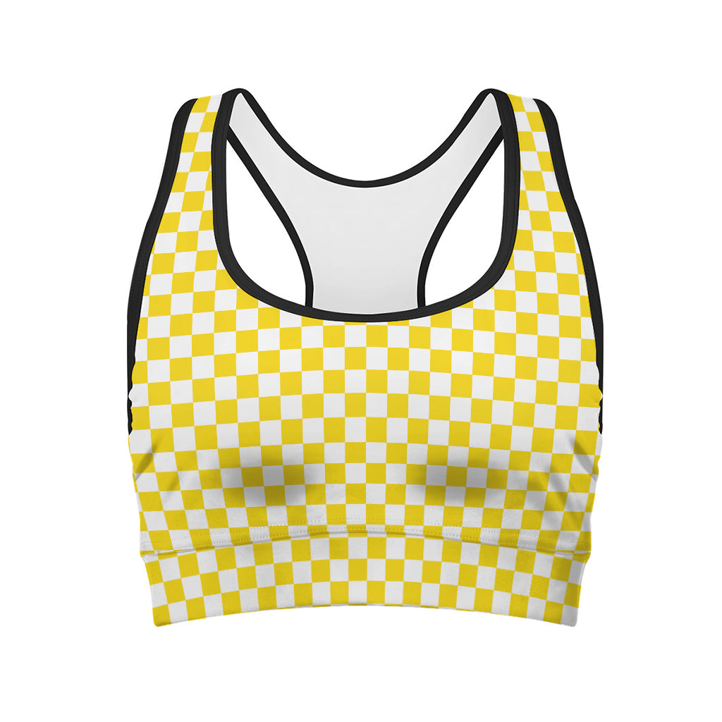 Yellow And White Checkered Pattern Print Women's Sports Bra