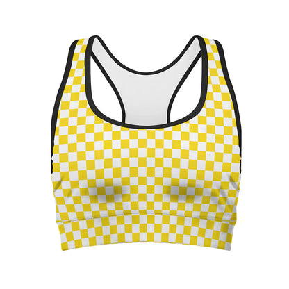 Yellow And White Checkered Pattern Print Women's Sports Bra