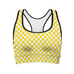 Yellow And White Checkered Pattern Print Women's Sports Bra