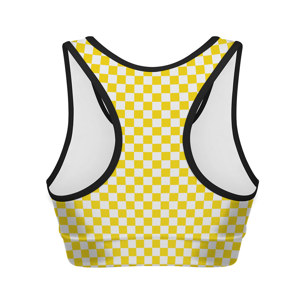 Yellow And White Checkered Pattern Print Women's Sports Bra