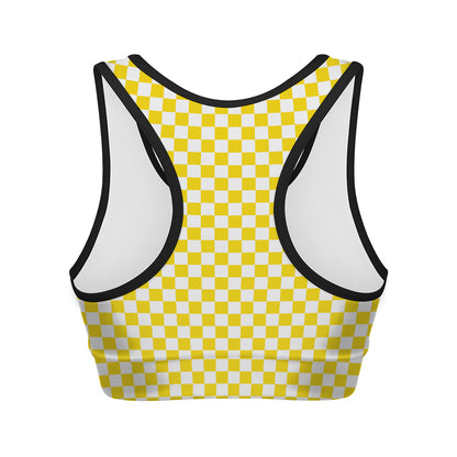 Yellow And White Checkered Pattern Print Women's Sports Bra