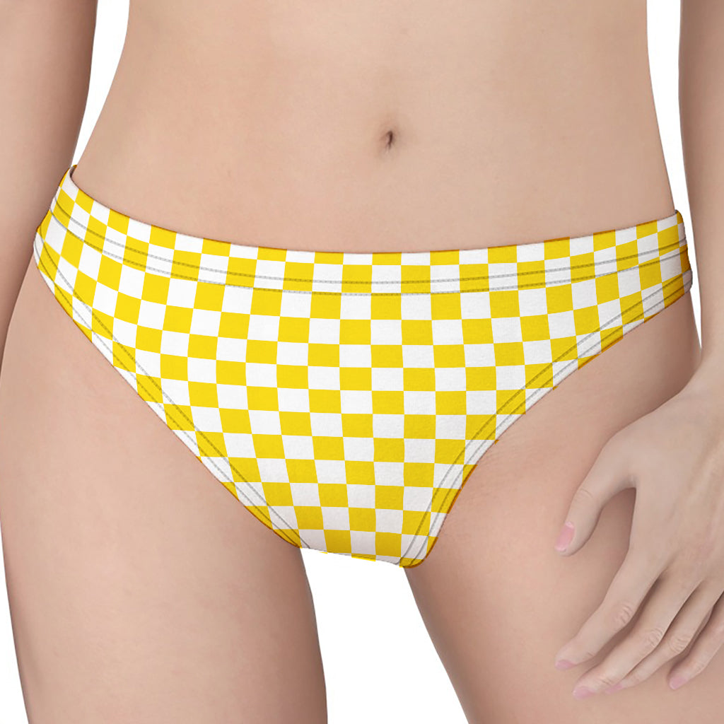 Yellow And White Checkered Pattern Print Women's Thong