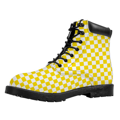 Yellow And White Checkered Pattern Print Work Boots