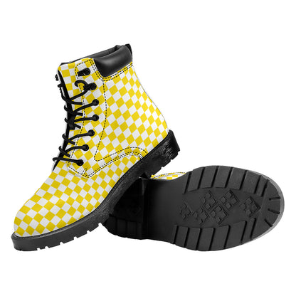 Yellow And White Checkered Pattern Print Work Boots