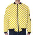 Yellow And White Checkered Pattern Print Zip Sleeve Bomber Jacket