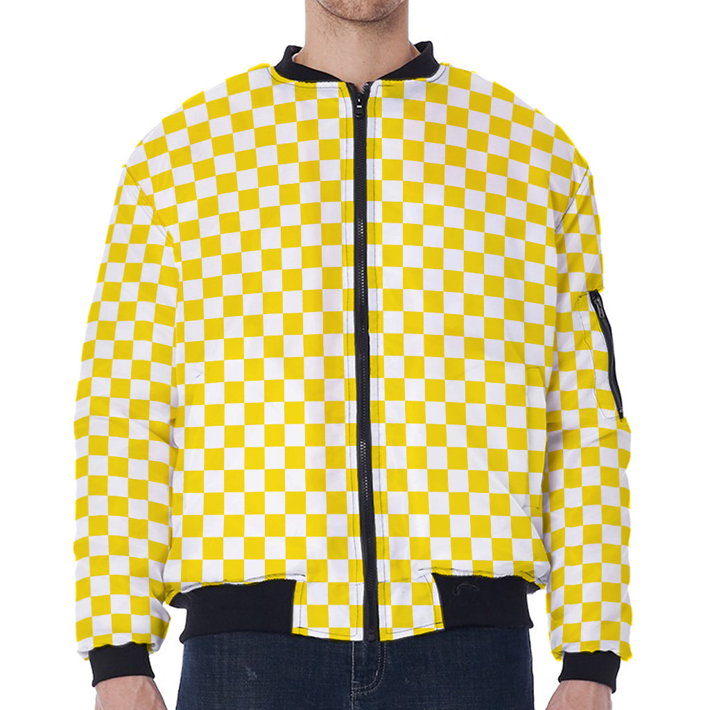 Yellow And White Checkered Pattern Print Zip Sleeve Bomber Jacket