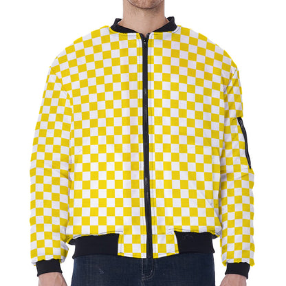 Yellow And White Checkered Pattern Print Zip Sleeve Bomber Jacket