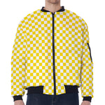 Yellow And White Checkered Pattern Print Zip Sleeve Bomber Jacket