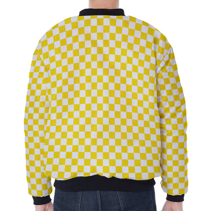 Yellow And White Checkered Pattern Print Zip Sleeve Bomber Jacket