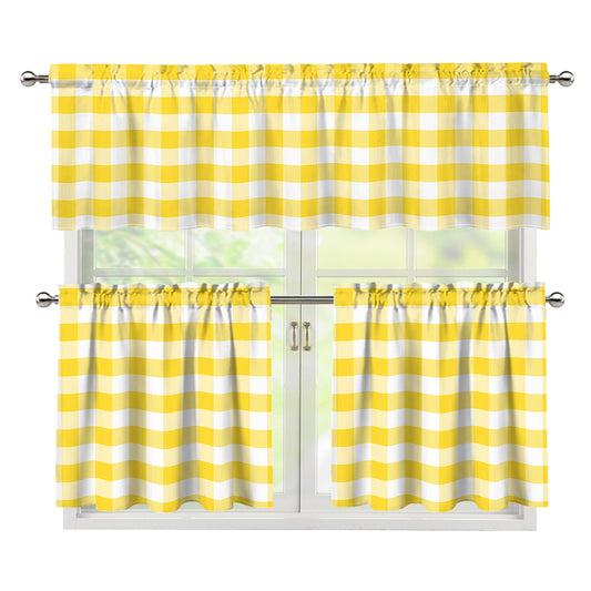 Yellow And White Gingham Pattern Print 3 Piece Kitchen Curtains