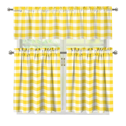 Yellow And White Gingham Pattern Print 3 Piece Kitchen Curtains