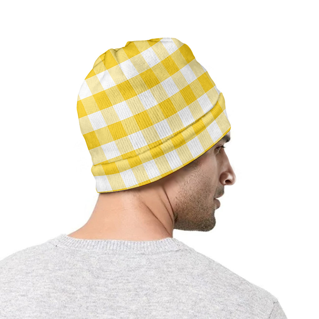 Yellow And White Gingham Pattern Print Beanie