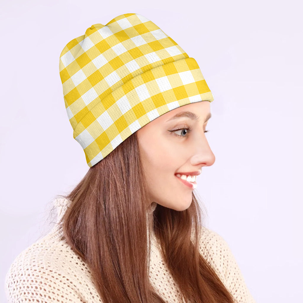 Yellow And White Gingham Pattern Print Beanie