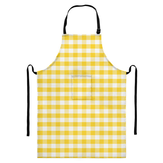 Yellow And White Gingham Pattern Print Bib Apron With Pocket