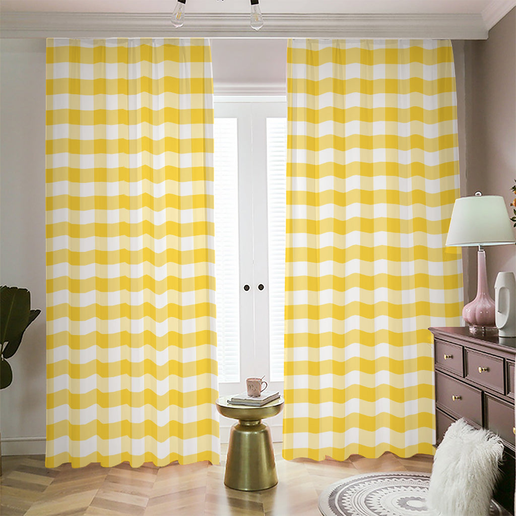 Yellow And White Gingham Pattern Print Blackout Pencil Pleat Curtains