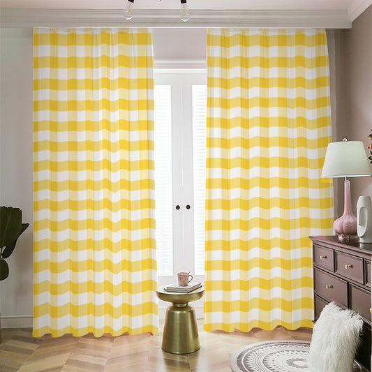 Yellow And White Gingham Pattern Print Blackout Pencil Pleat Curtains