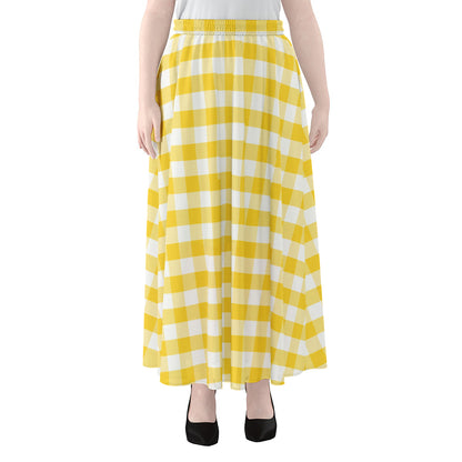 Yellow And White Gingham Pattern Print Chiffon Maxi Skirt